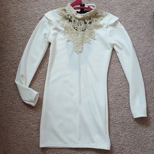 Embroidered mesh long sleeve dress